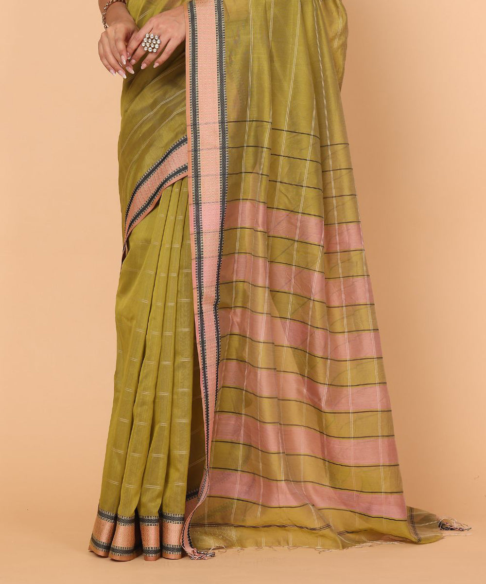 Olive green black cotton silk handloom maheshwari saree