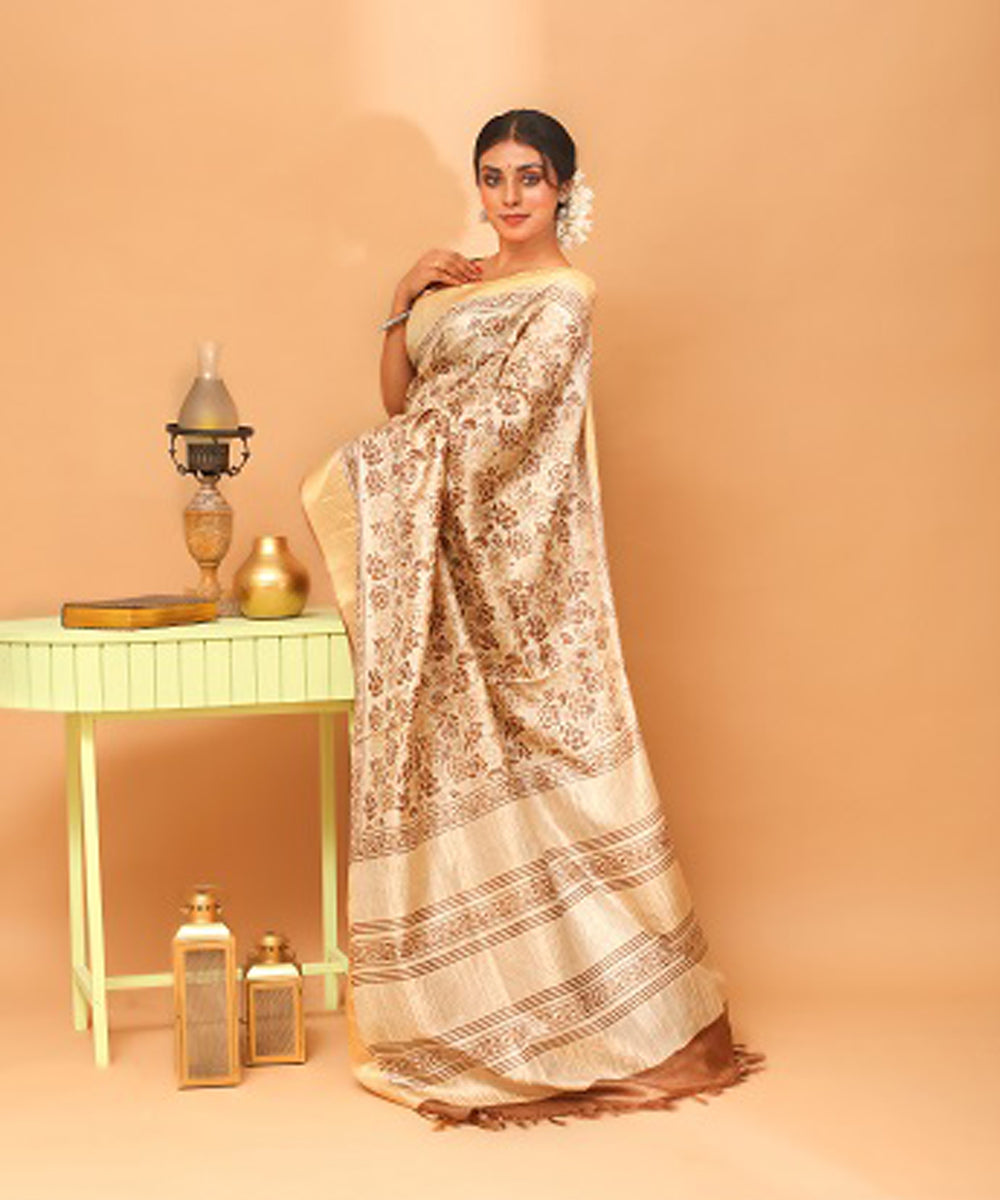 Beige chhattisgarh tussar silk handloom saree