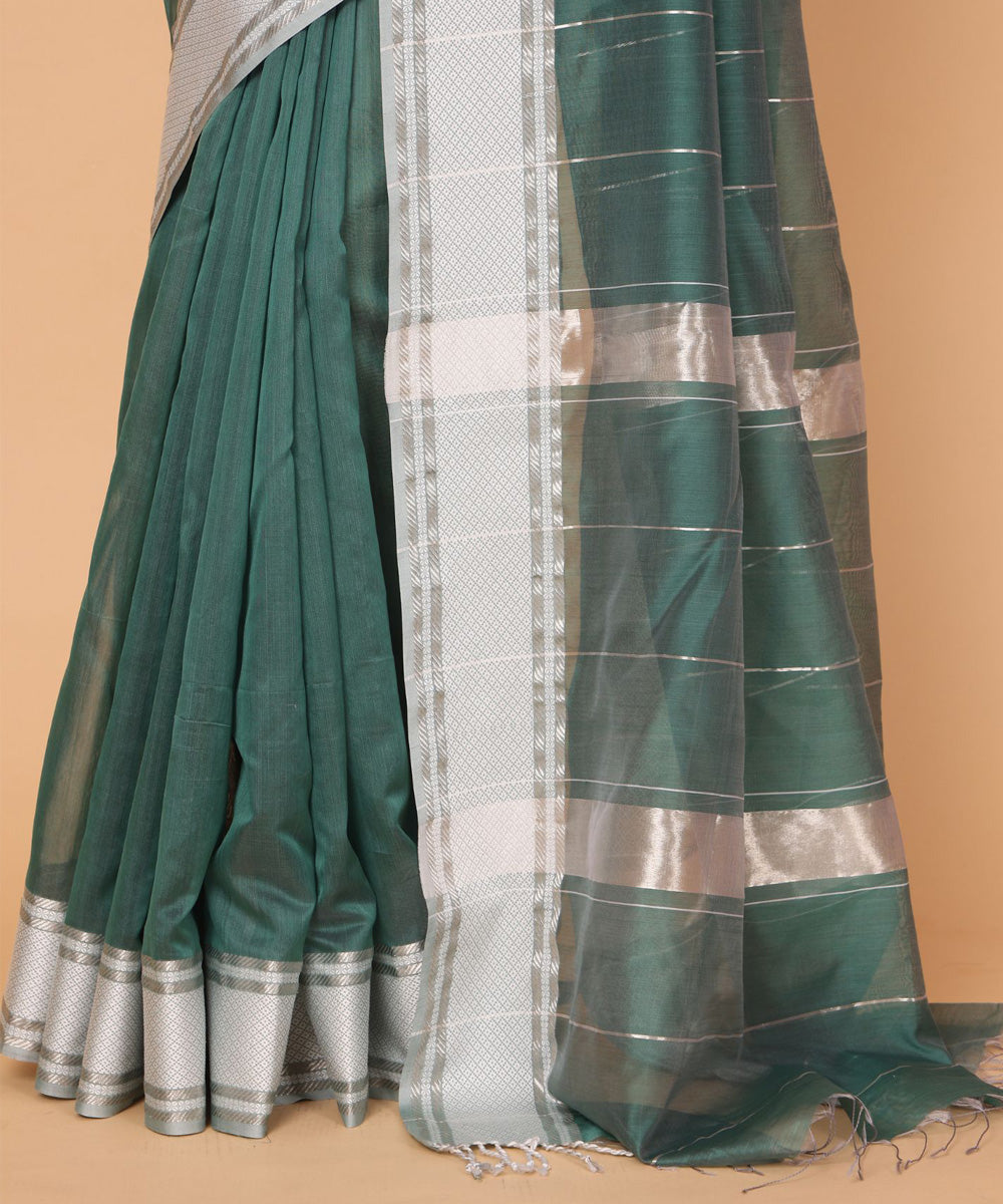 Dark green cotton silk maheshwari handloom saree