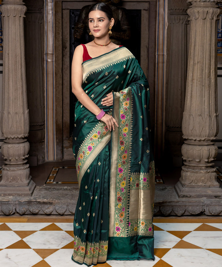 Dark green traditional handwoven banarasi silk saree