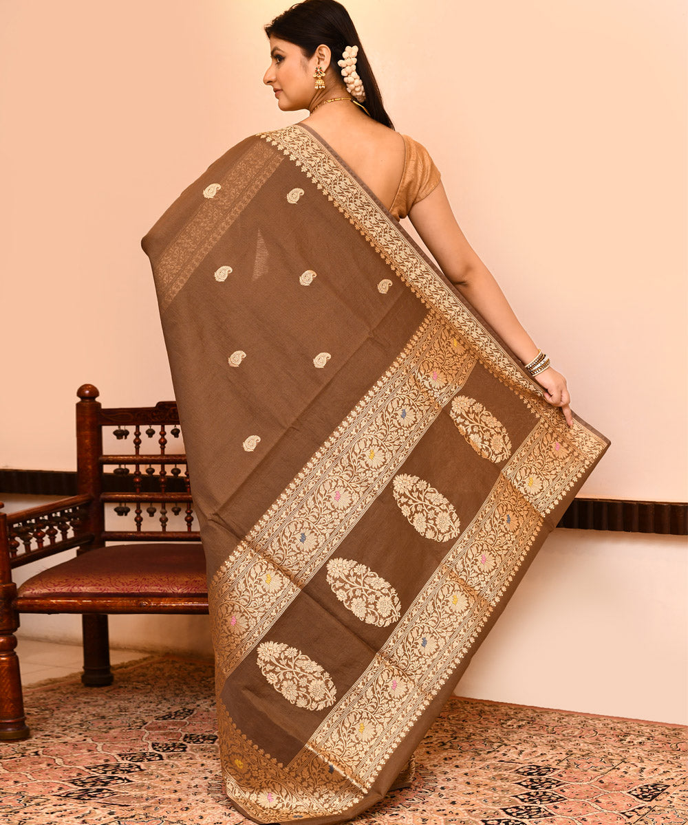 Light brown handwoven banarasi silk saree