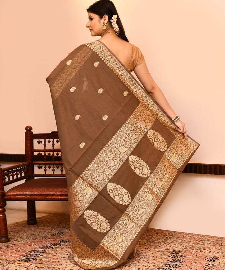 Light brown handwoven banarasi silk saree