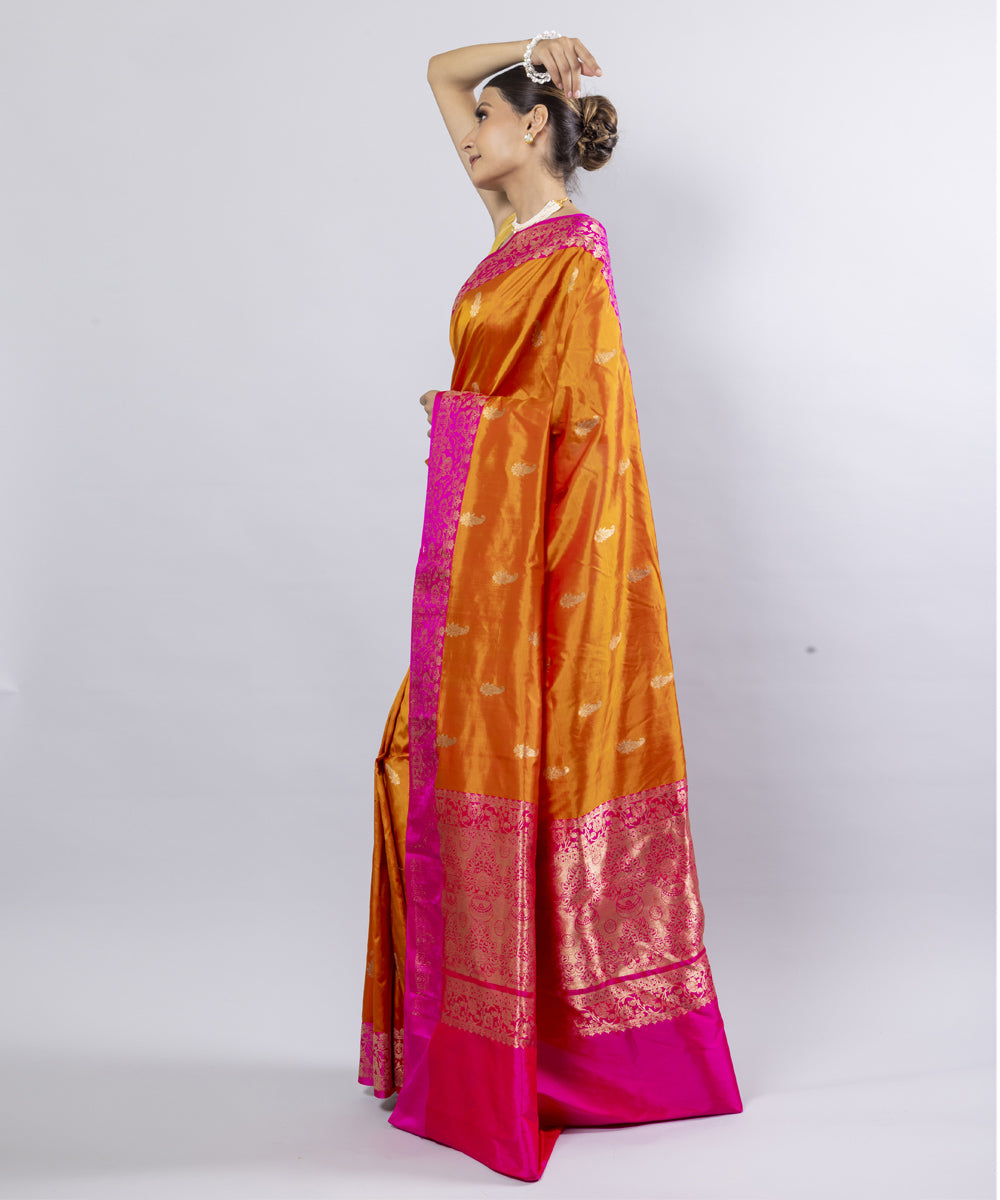 Mustard pink border silk handwoven banarasi saree