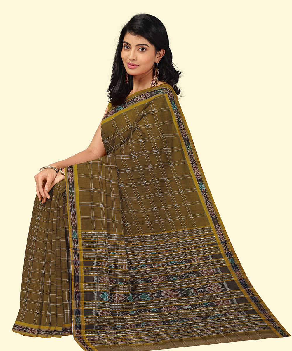 Brown mustard cotton handwoven nuapatna saree