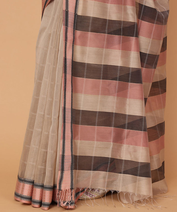 Pinkish grey striped cotton silk handloom maheshwari saree