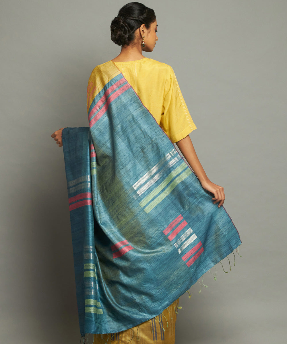Yellow blue handwoven kosa silk saree