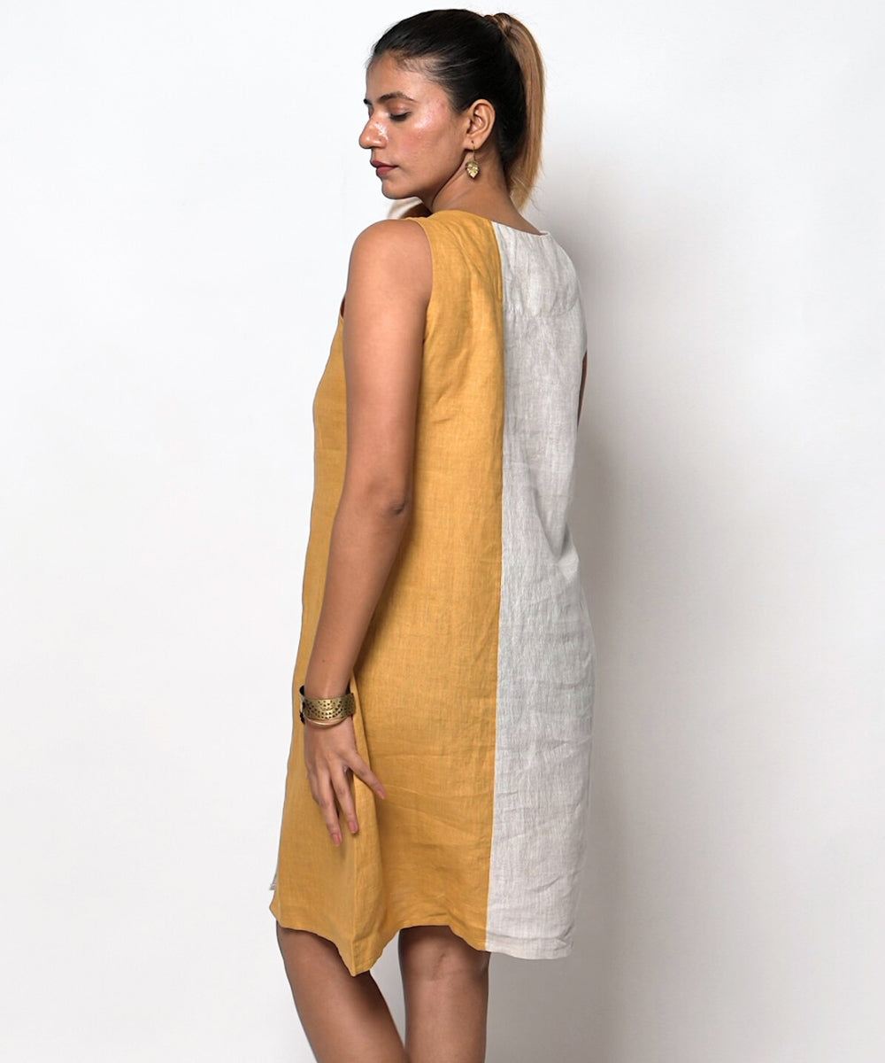 Beige mustard handwoven linen dress