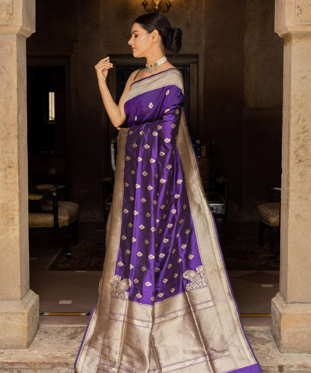 Navy blue handwoven silk banarasi saree