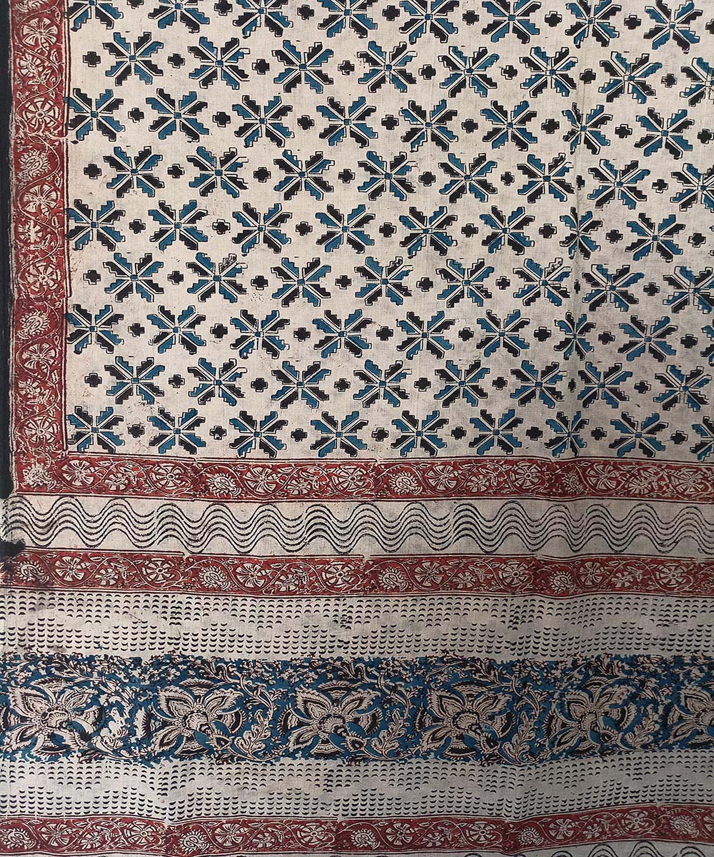 Offwhite blue kalamkari hand printed cotton saree