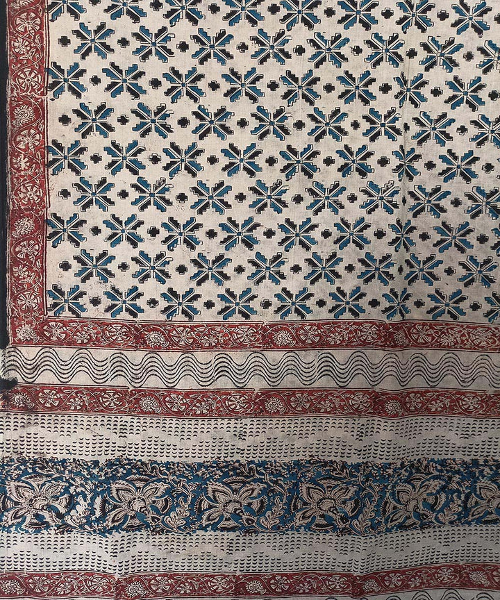 Offwhite blue kalamkari hand printed cotton saree