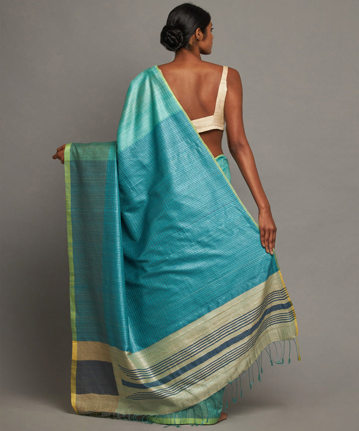 Cyan blue handwoven kosa silk saree in stripes