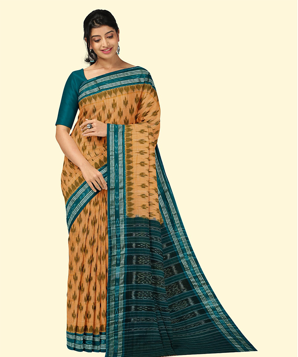 Orange dark green cotton handwoven nuapatna saree