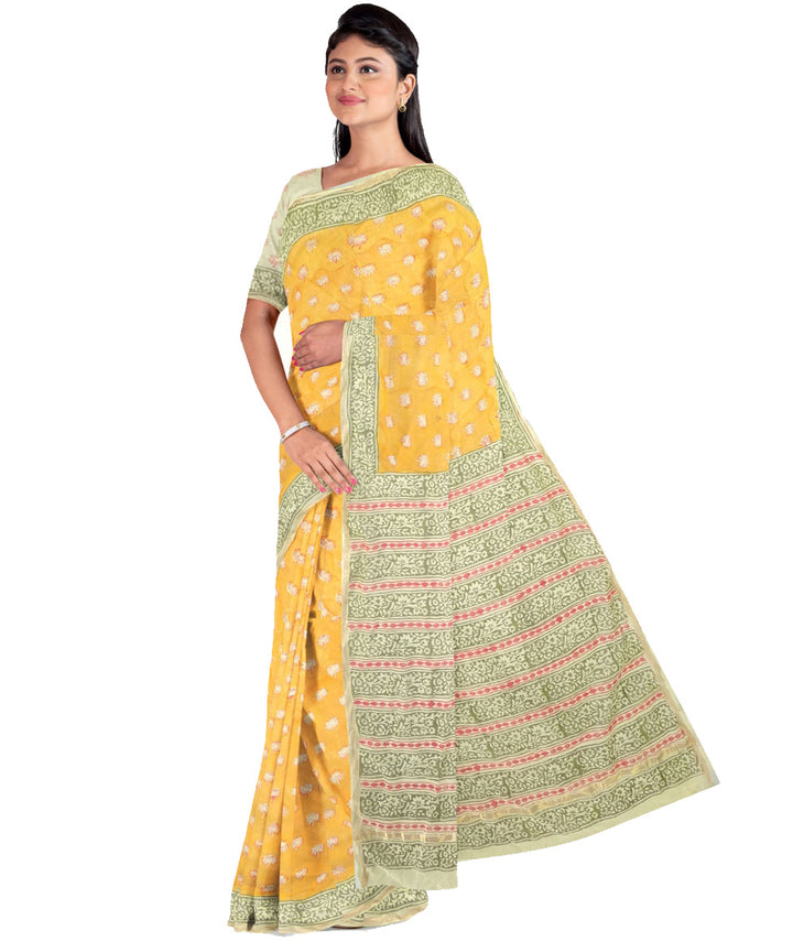 Yellow green cotton silk hand printed maheshwari saree