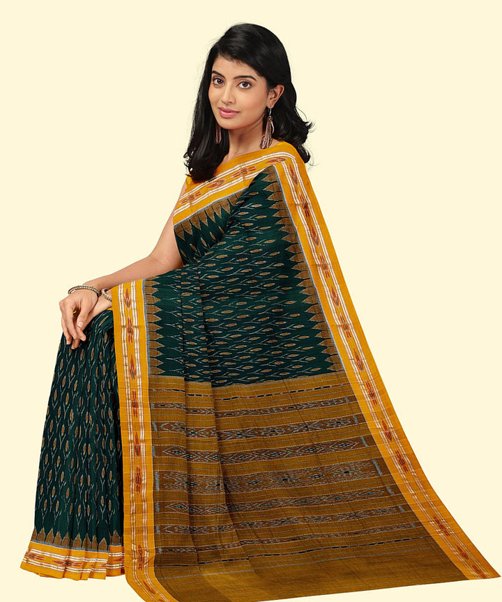 Dark green yellow handwoven cotton nuapatna saree