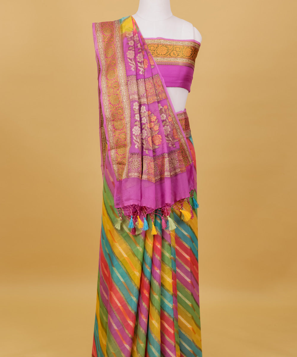 Lavender diagonal stripe silk handwoven banarasi saree