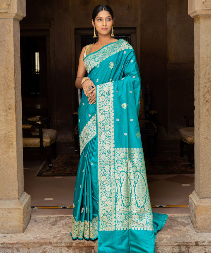 Sea turtle green handwoven silk banarasi saree