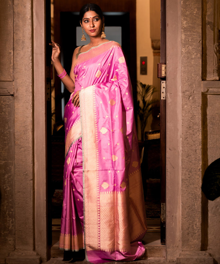Pink handwoven traditional banarasi silk saree