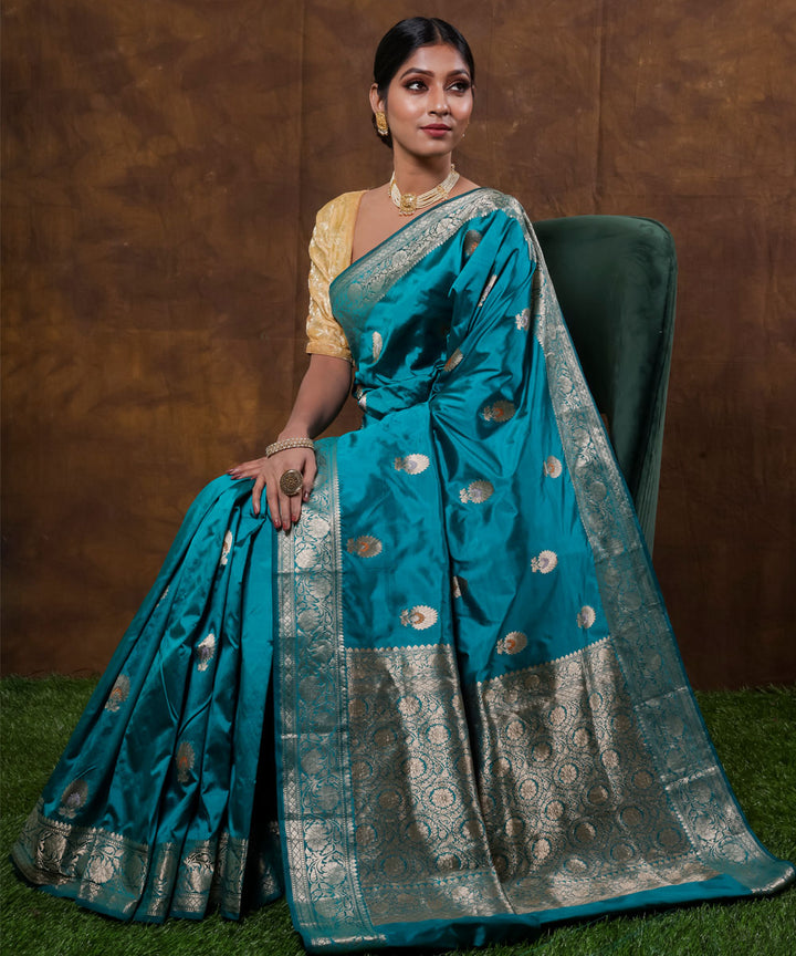 Turquoise booti silk handwoven banarasi saree