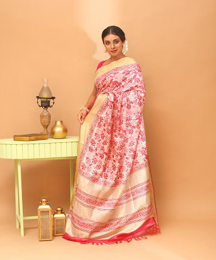 White pink chhattisgarh handloom tussar silk saree