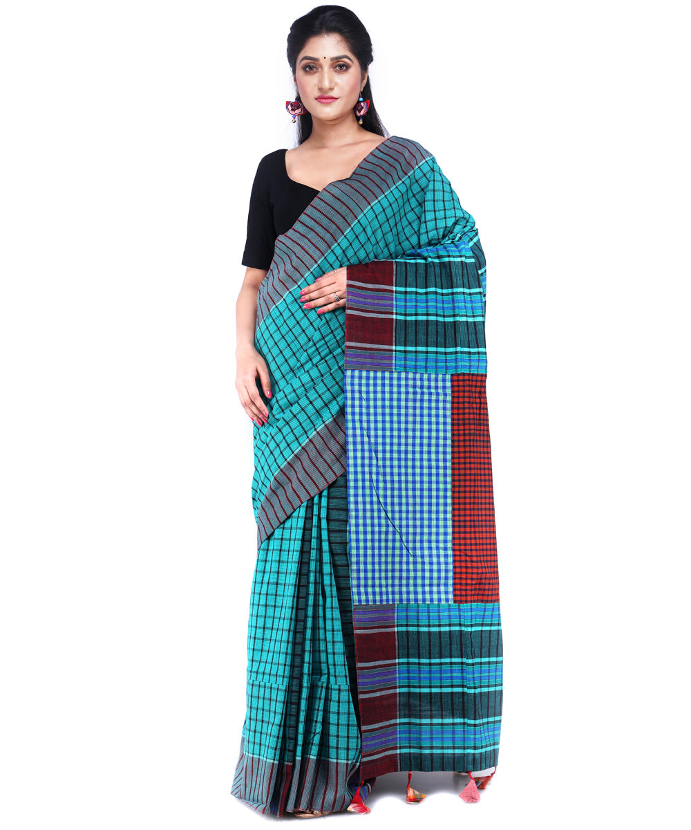 Cyan green maroon cotton handloom gamcha saree