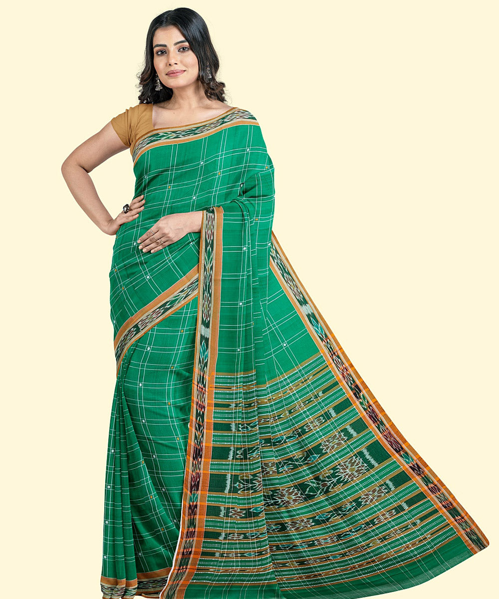 Lime green brown cotton handwoven nuapatna saree