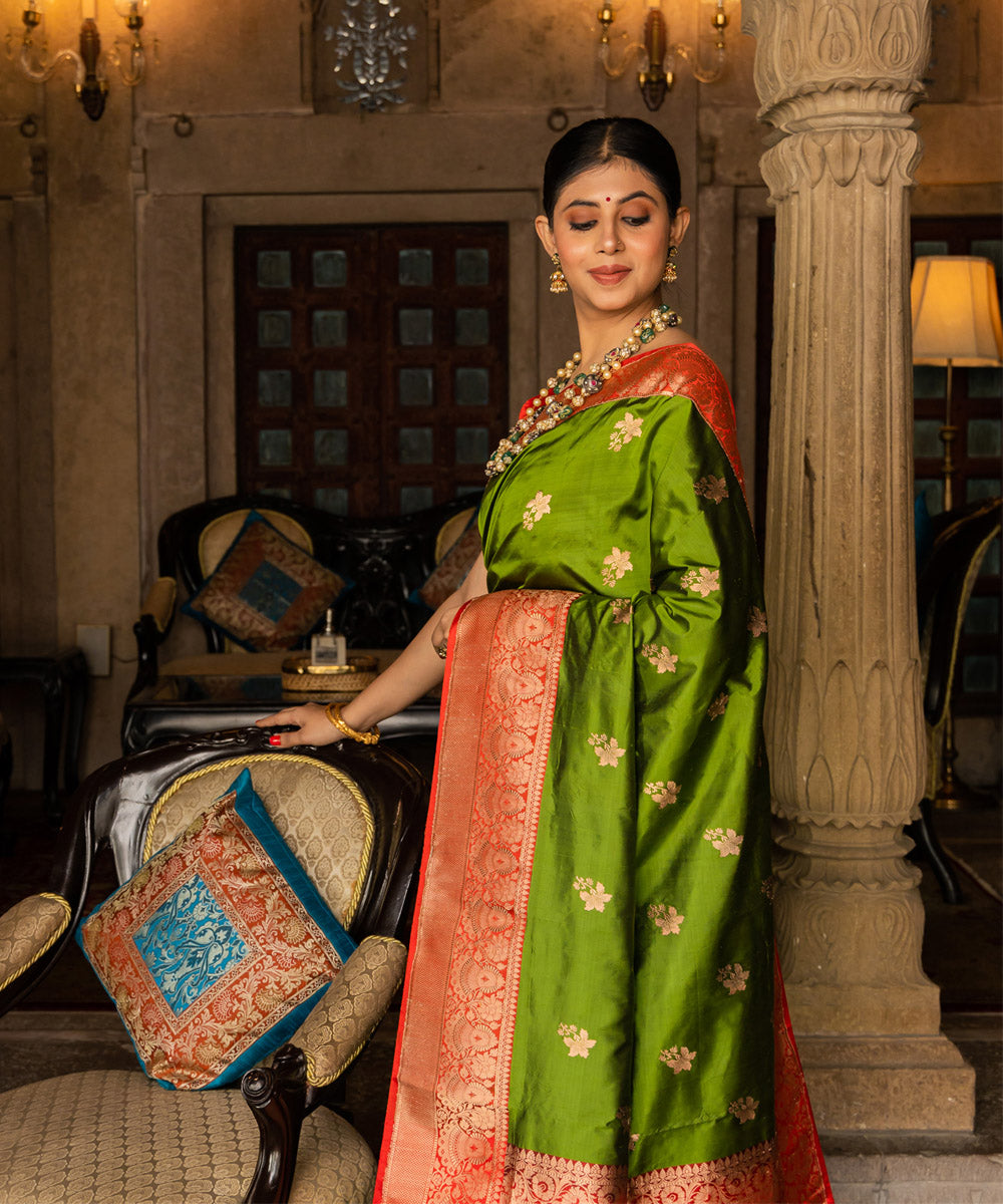 Parrot green silk handwoven banarasi saree