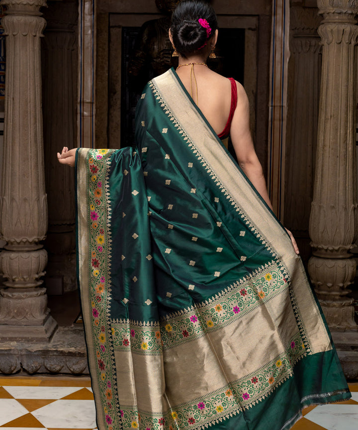 Bottle green booti silk handwoven banarasi saree