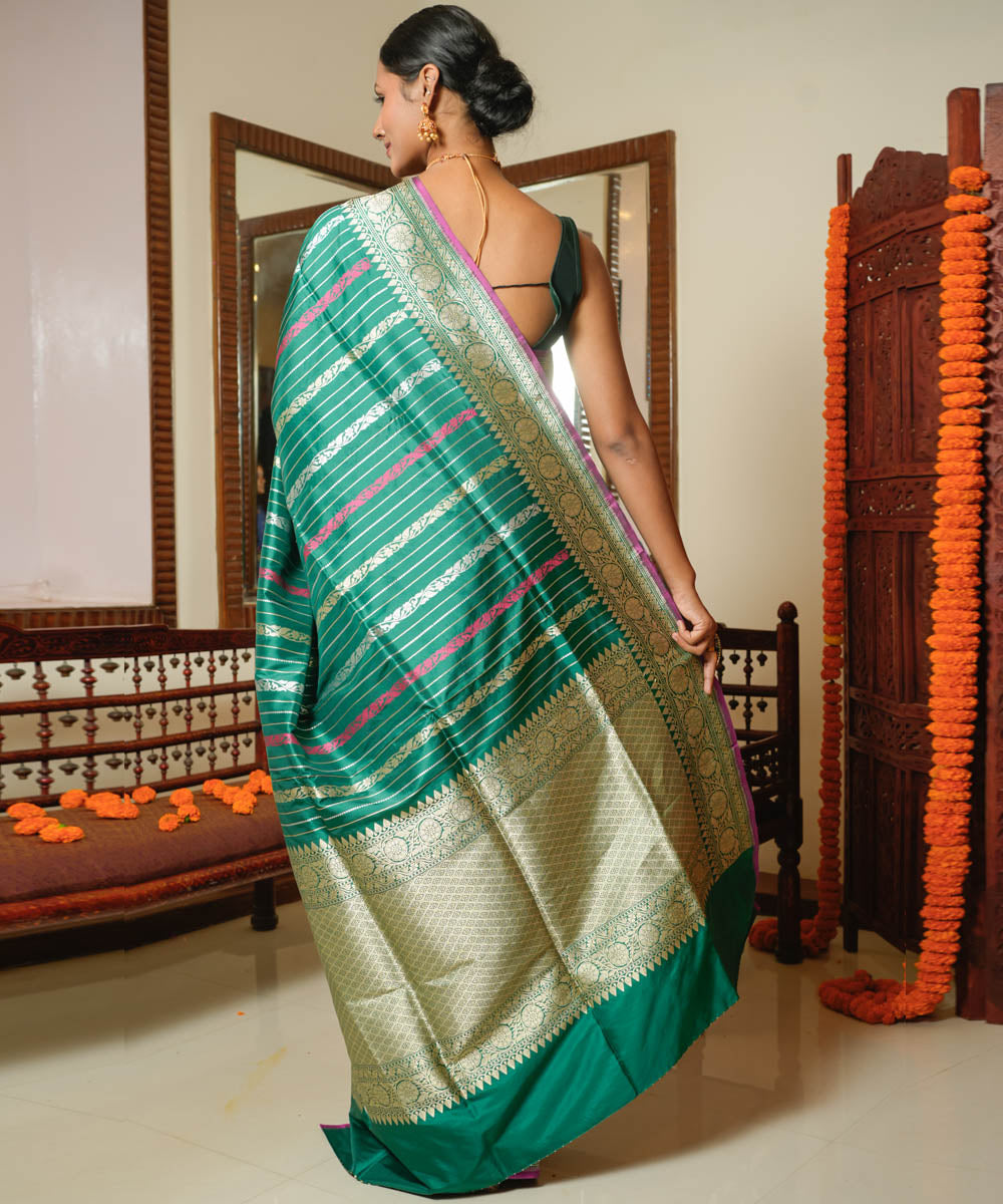 Green striped silk handwoven banarasi saree