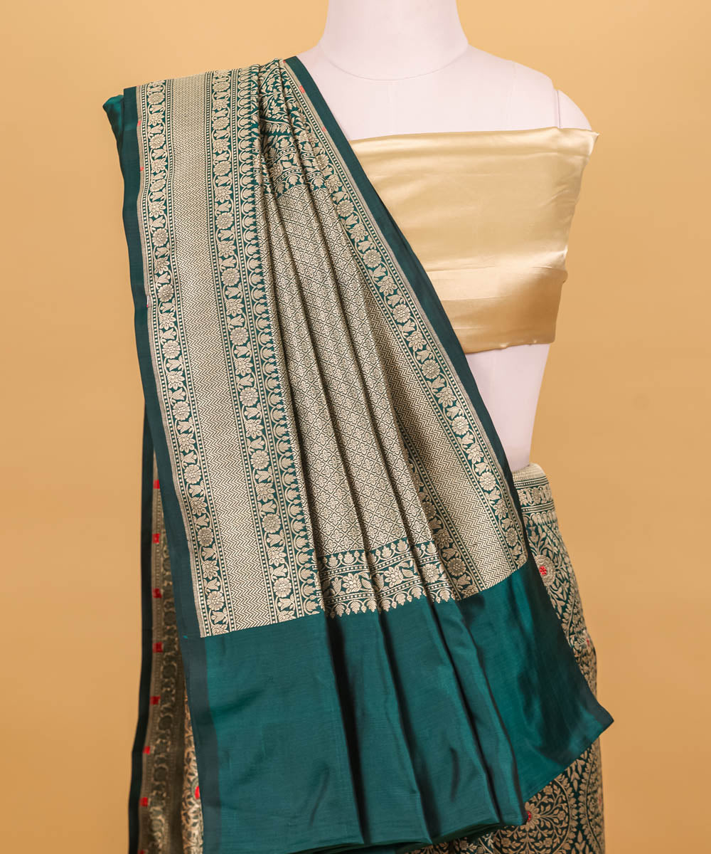 Dark green jangla silk handwoven banarasi saree