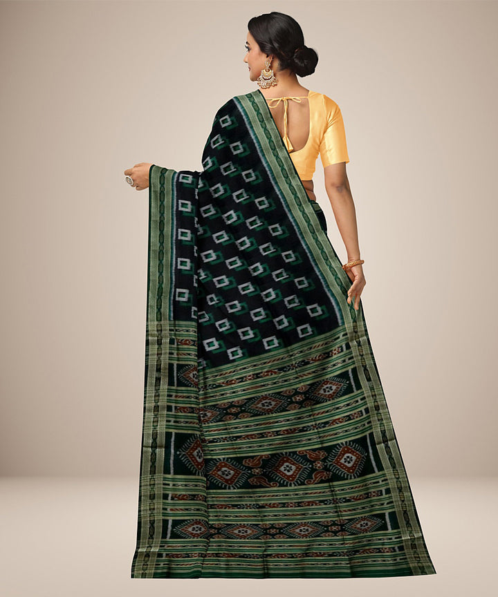 Black green silk handwoven square motif khandua saree