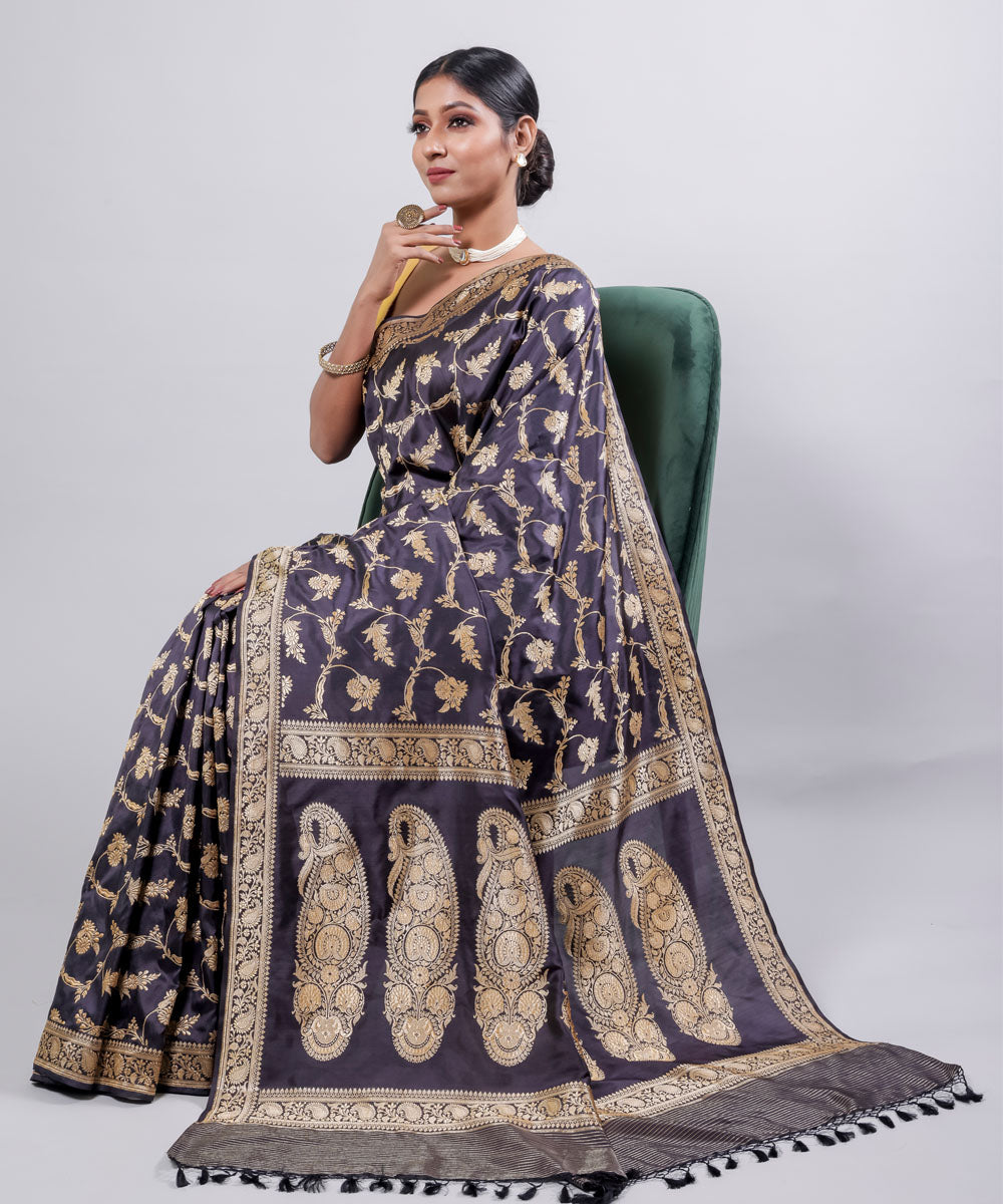 Black jangla handwoven banarasi silk saree