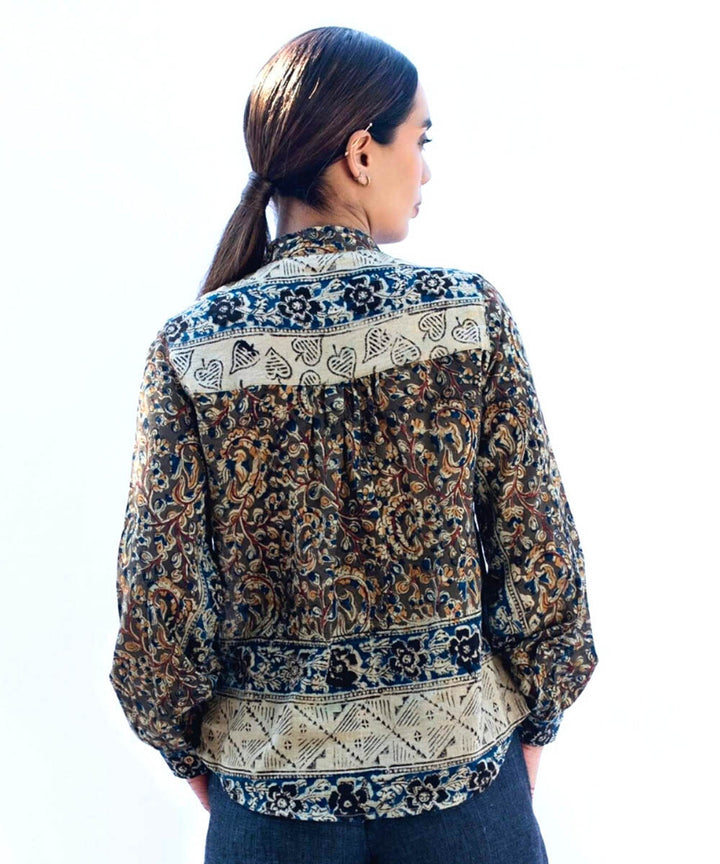 Bottle green handcrafted kalamkari cotton shirt with mandarin collar