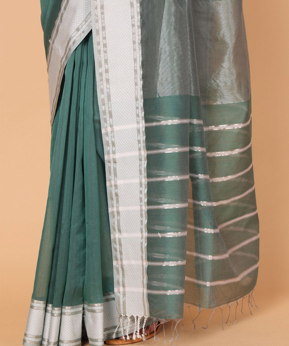 Green offwhite cotton silk handloom maheshwari saree