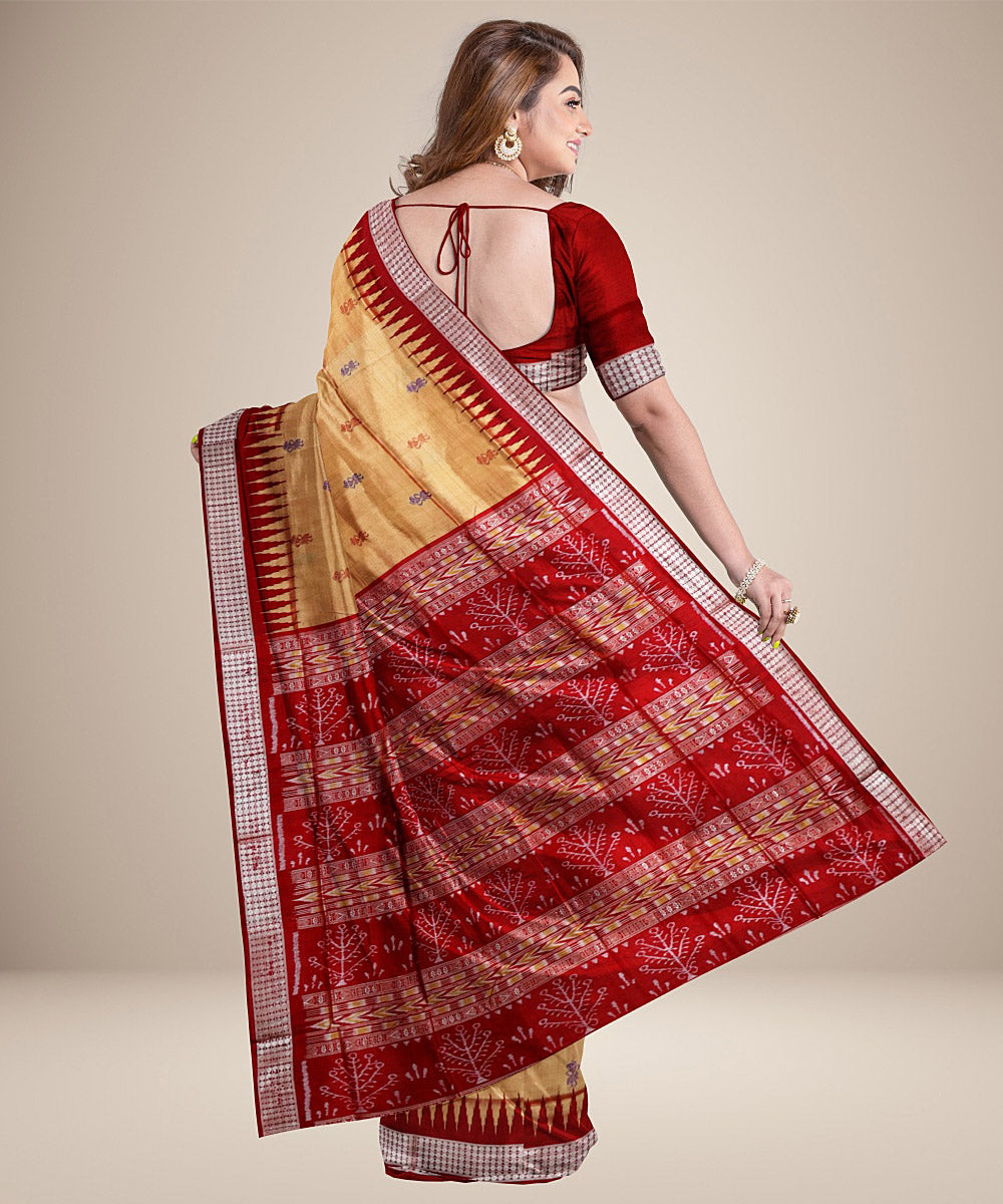 Deep peach red silk handwoven bomkai saree