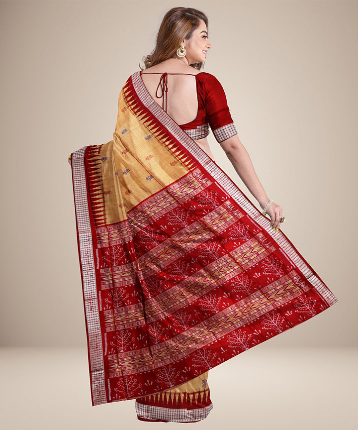 Deep peach red silk handwoven bomkai saree