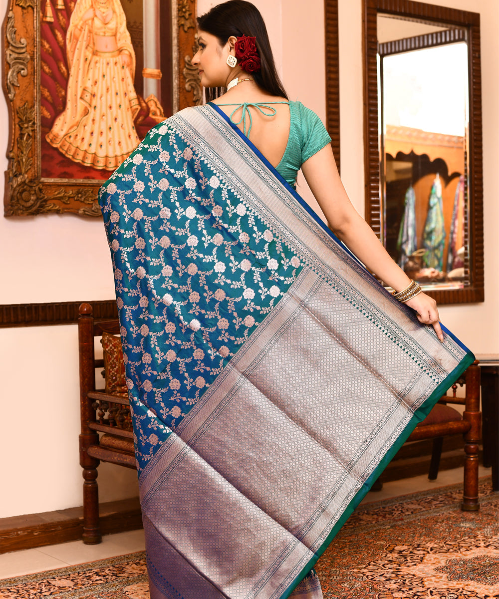 Blue+green dual color silk handwoven banarasi saree