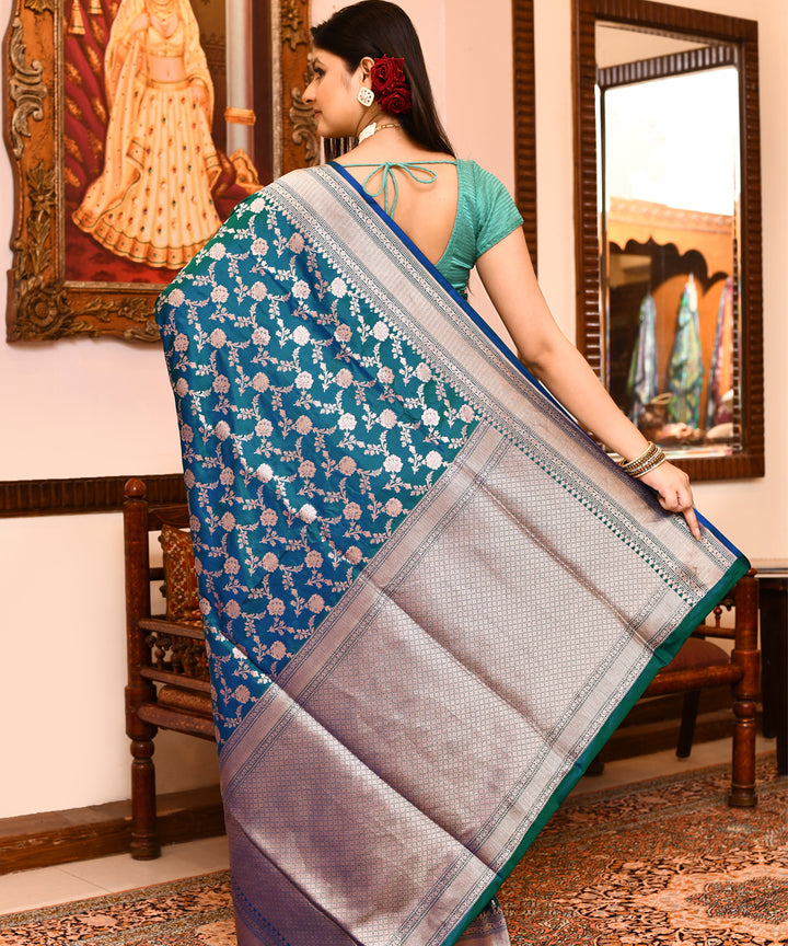 Blue+green dual color silk handwoven banarasi saree