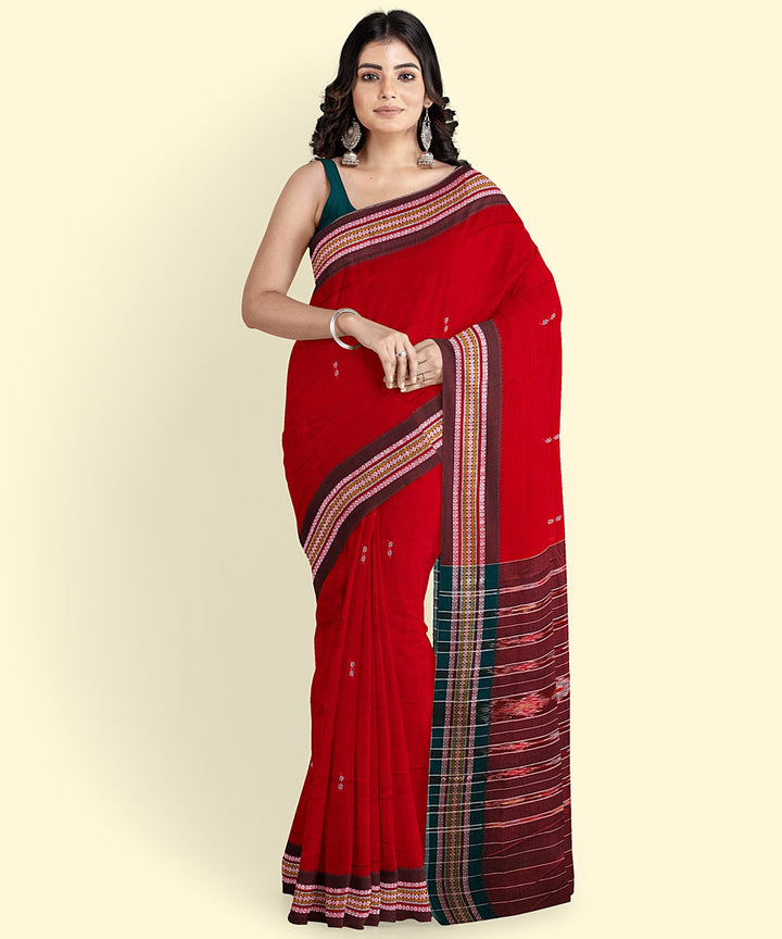 Red maroon cotton handwoven nuapatna saree