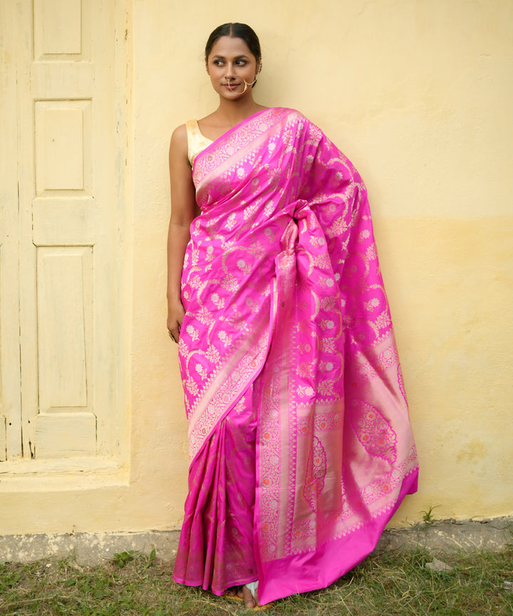 Rani pink jangla banarasi handwoven silk saree