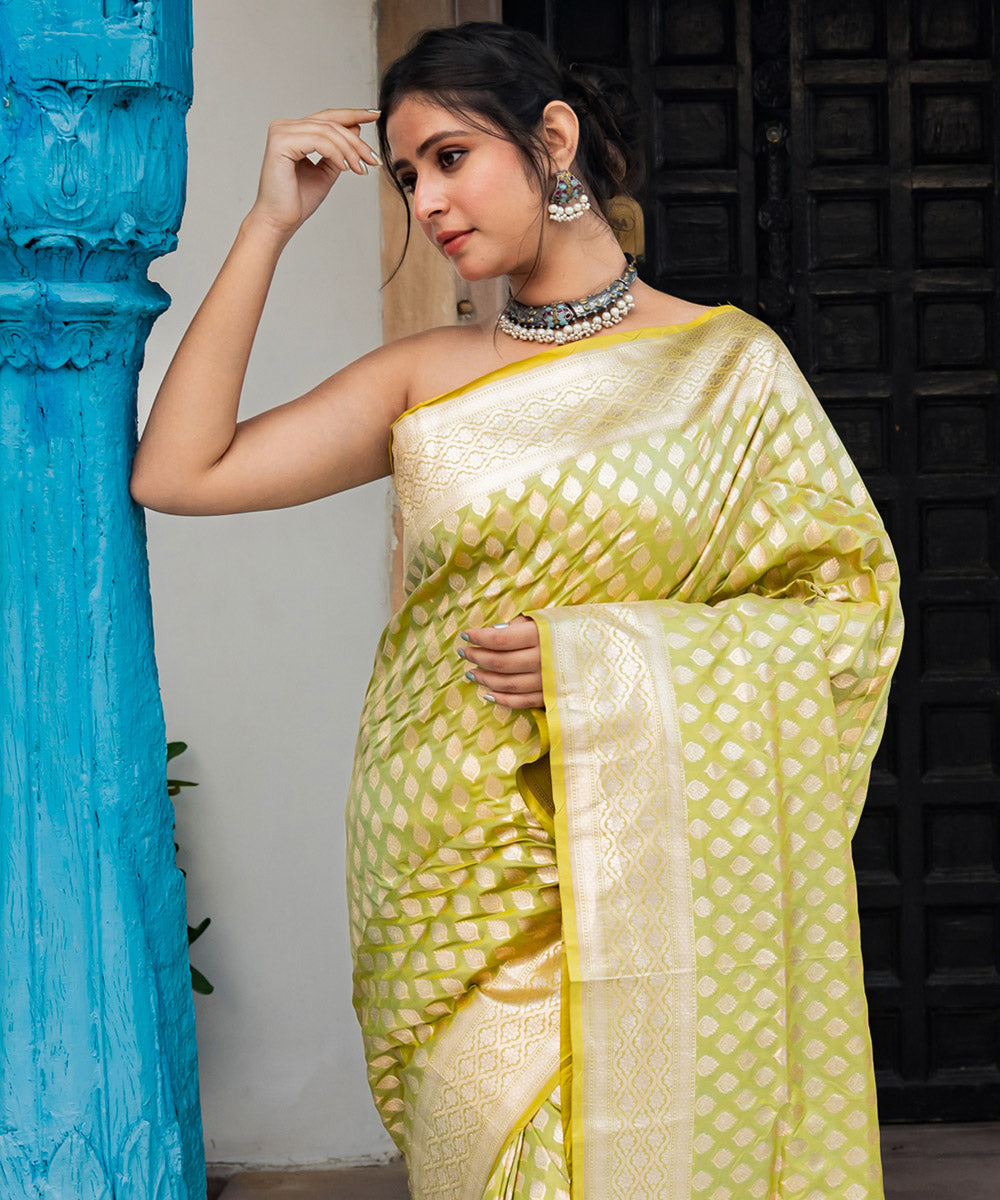Pista green silk handwoven banarasi saree