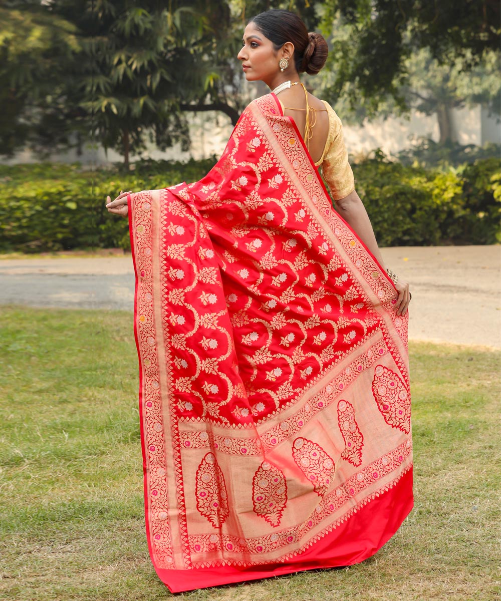 Red jangla silk handwoven banarasi saree