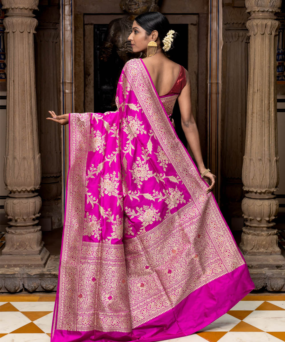 Rani pink jangla handwoven silk banarasi saree