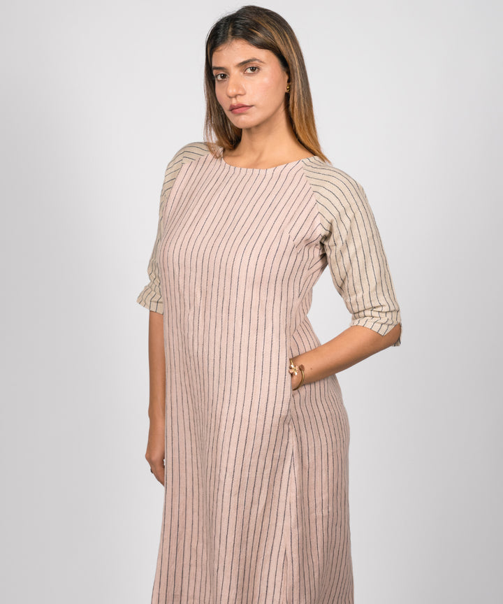 Beige and pink stripes handwoven linen dress