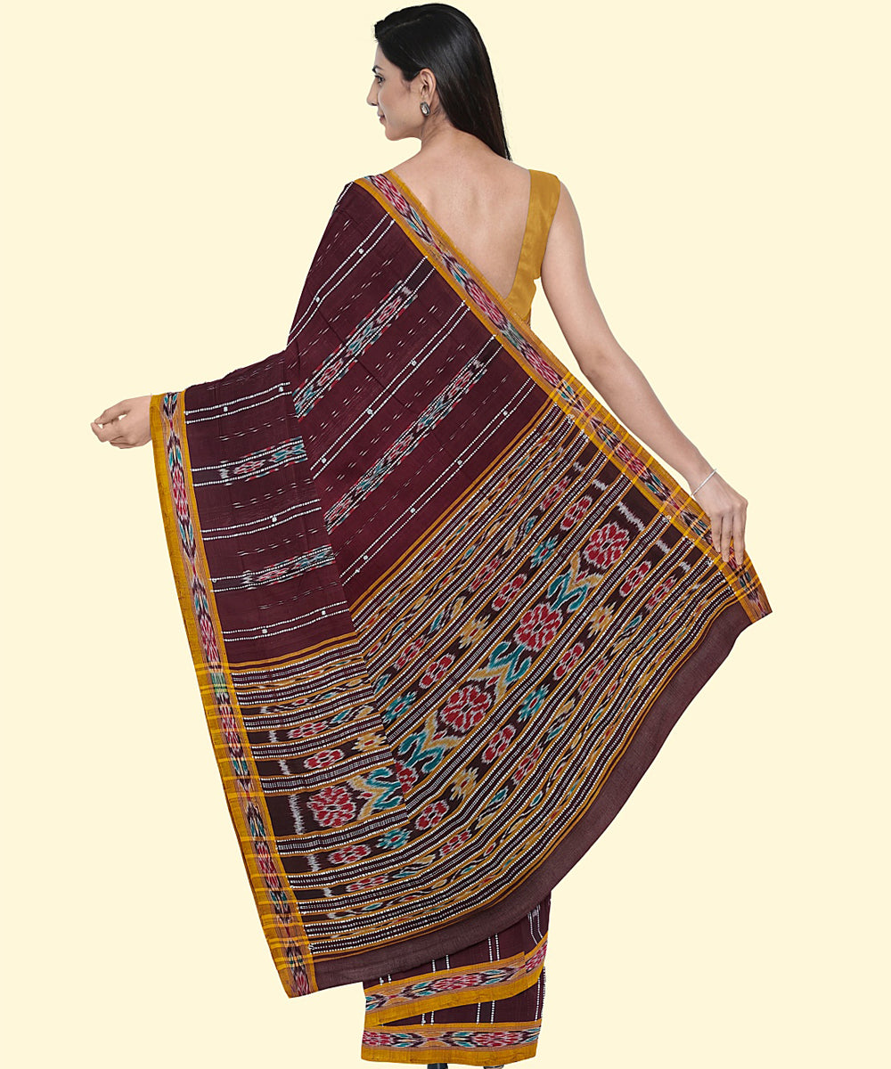 Burgundy mustard cotton handwoven nuapatna saree