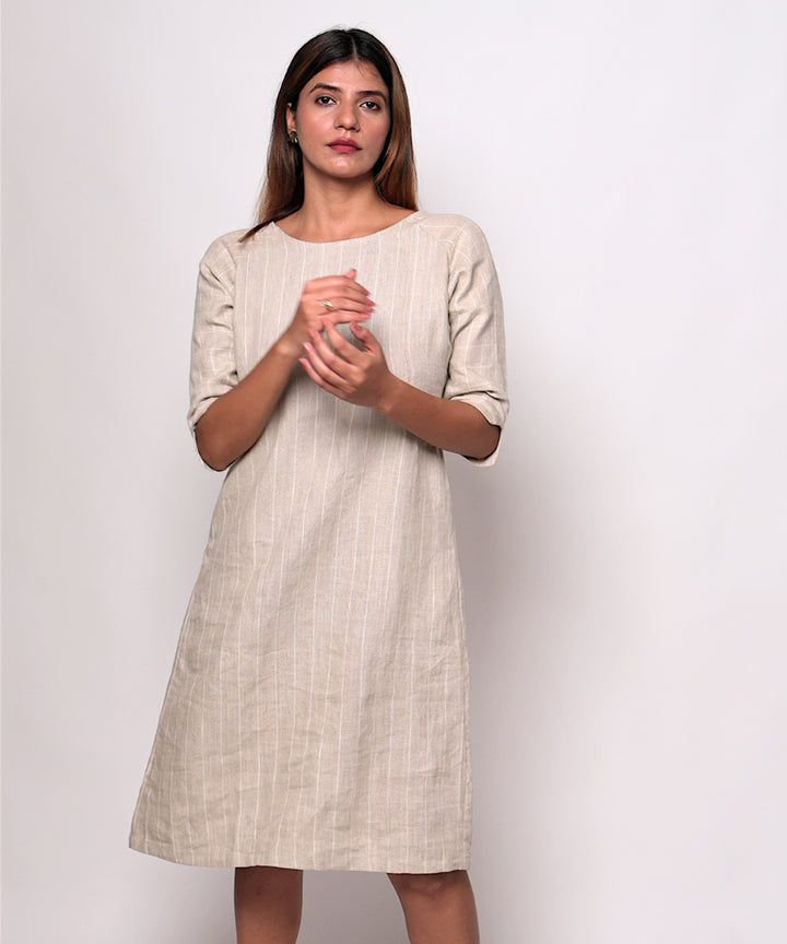 Beige stripes checks handwoven linen dress