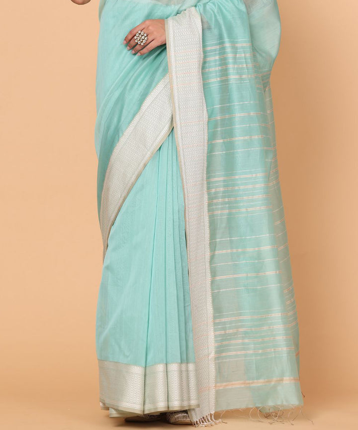 Aqua offwhite cotton silk handloom maheshwari saree