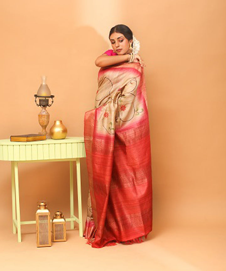 Cream pink chhattisgarh handloom tussar silk saree