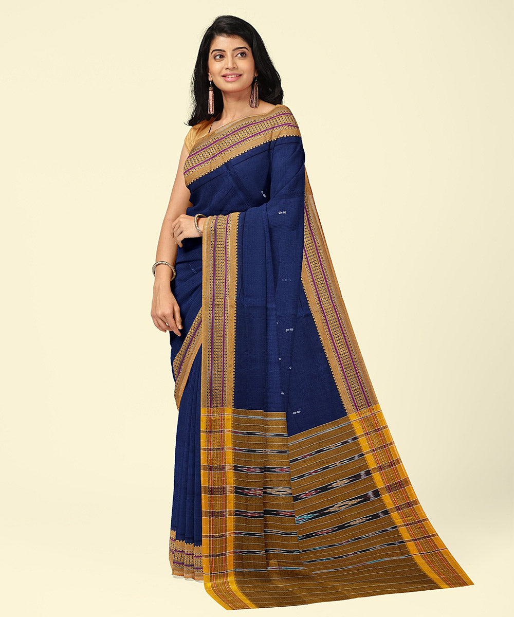 Navy blue yellow cotton handwoven nuapatna saree