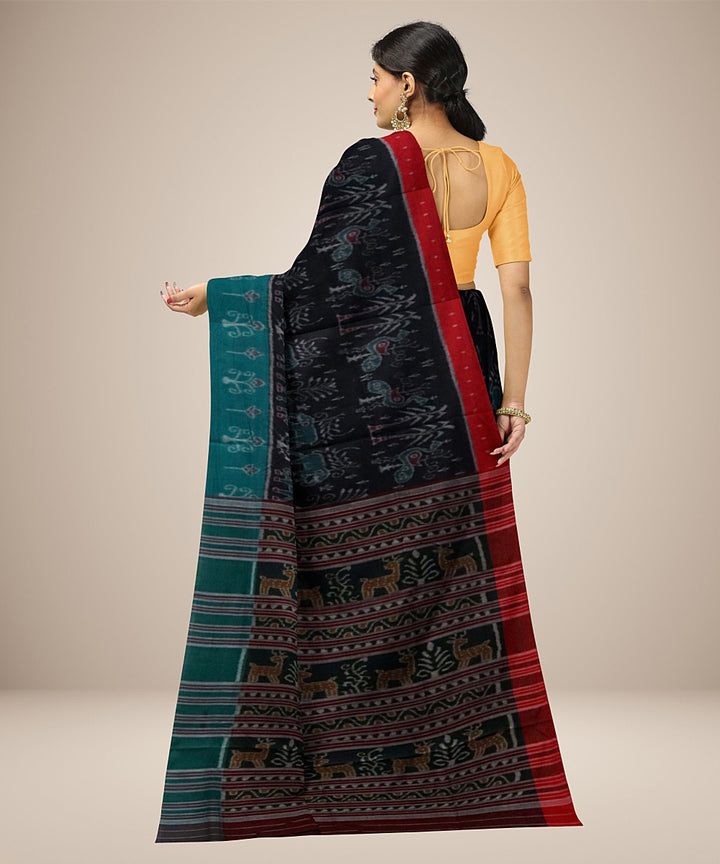 Black multicolour animal motif cotton handwoven nuapatna saree