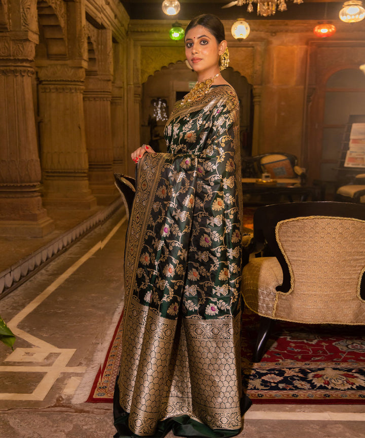 Bottle green handwoven silk banarasi saree
